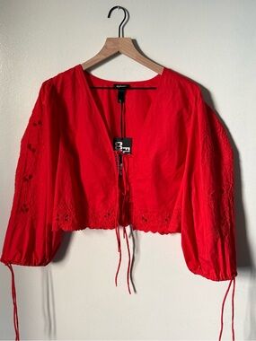 Red Orange Eyelet Tie-Front Cropped Blouse